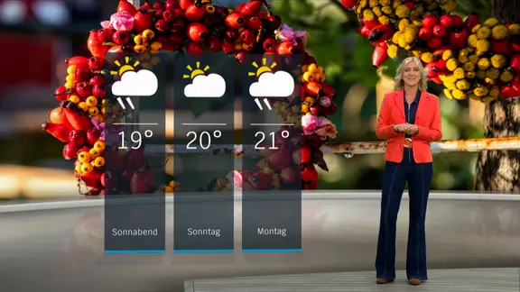 NDR Schleswig-Holstein Moderatorin Meike von der Goltz im Studio mit der Wettervorhersage.