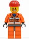 Minifig No: cty0041  Name: Construction Worker - Orange Zipper, Safety Stripes, Orange Arms, Orange Legs, Dark Bluish Gray Hips, Red Construction Helmet