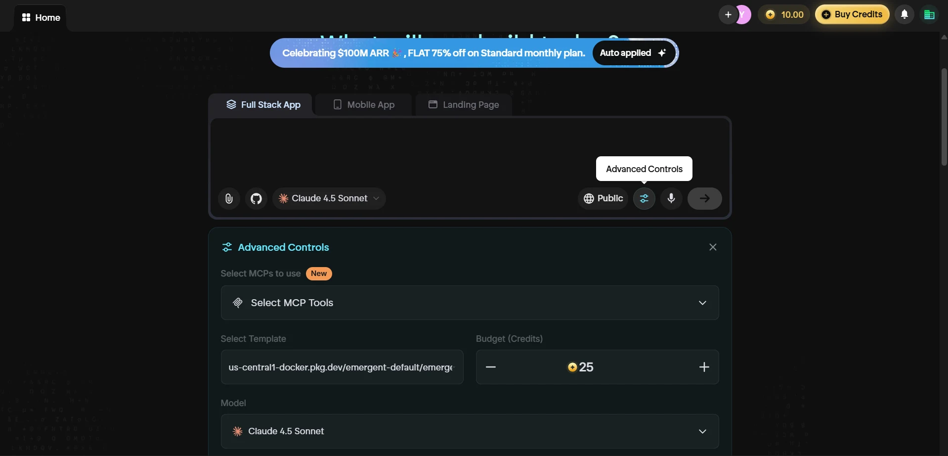 Emergent の Advanced Controls を開く