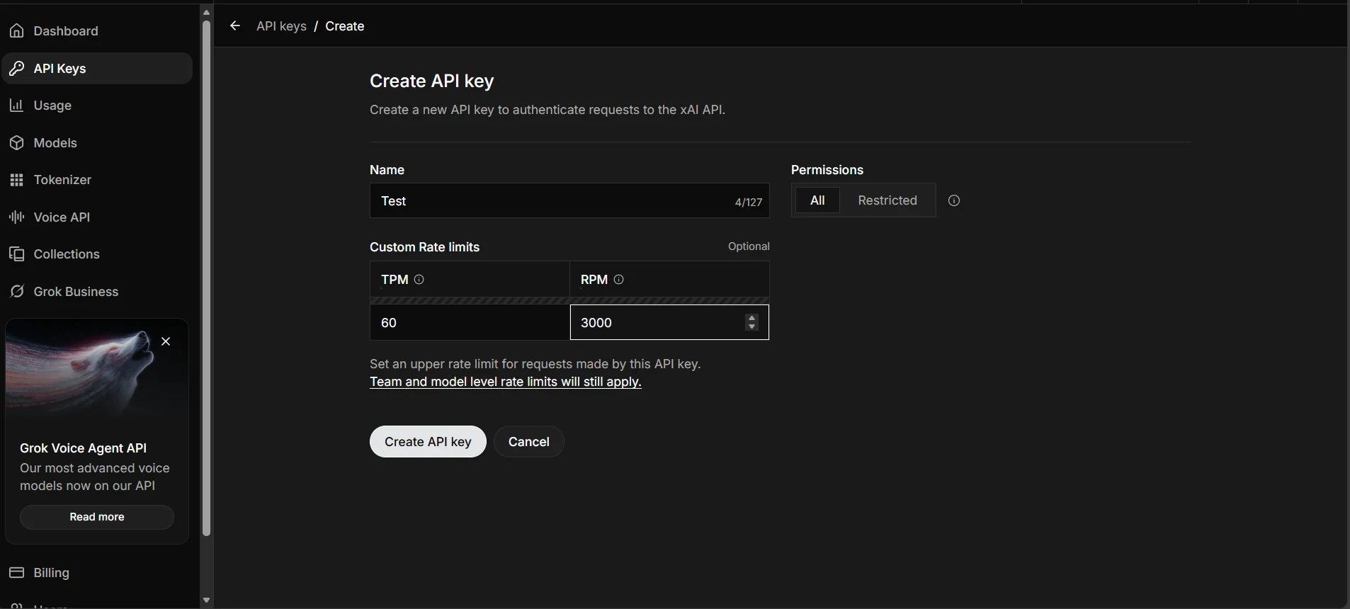 create API key を選択