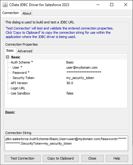 組み込みの接続文字列デザイナーを使用してJDBC URL を生成。(Salesforce の例)