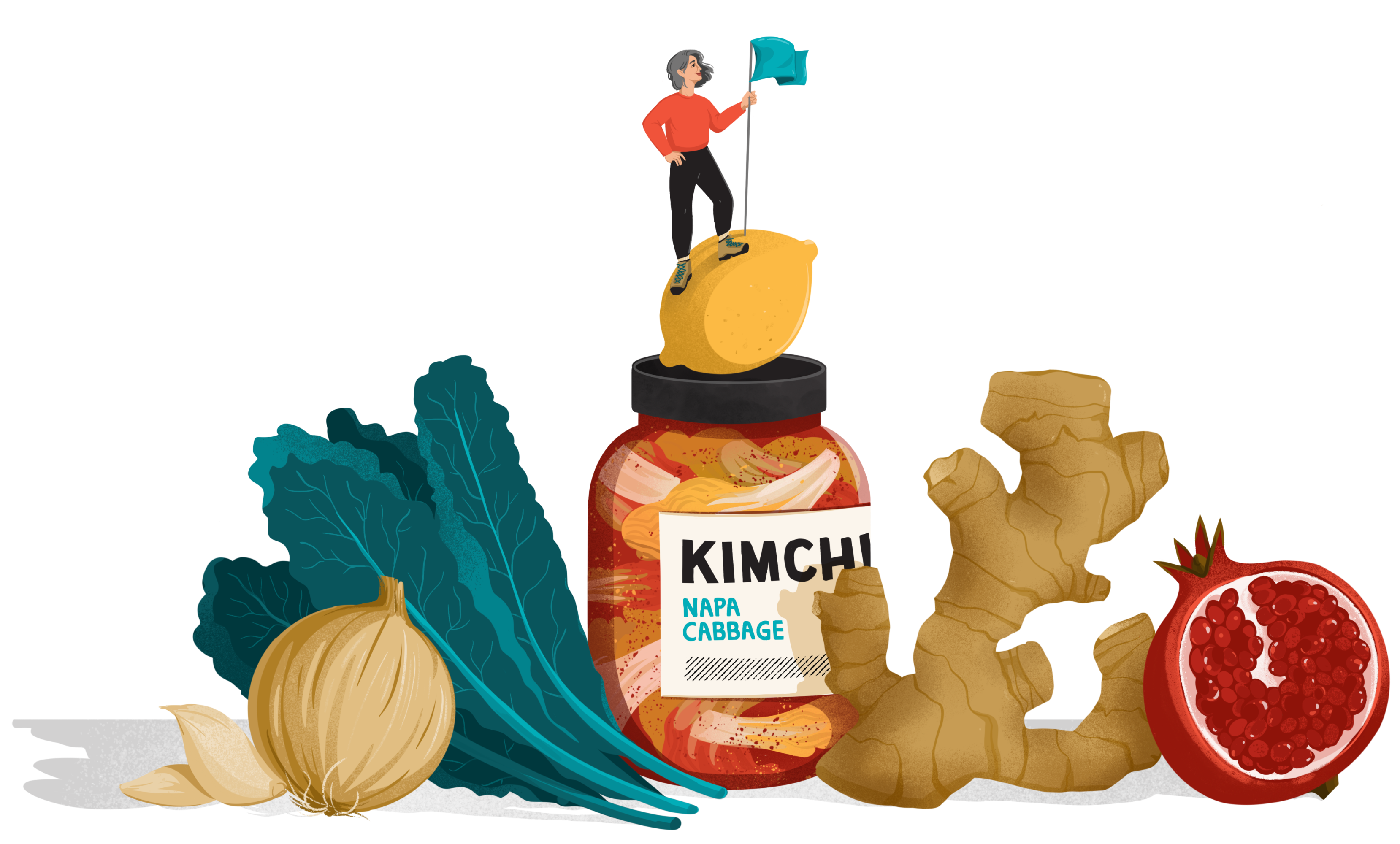 hiker summiting a pile of healthy foods