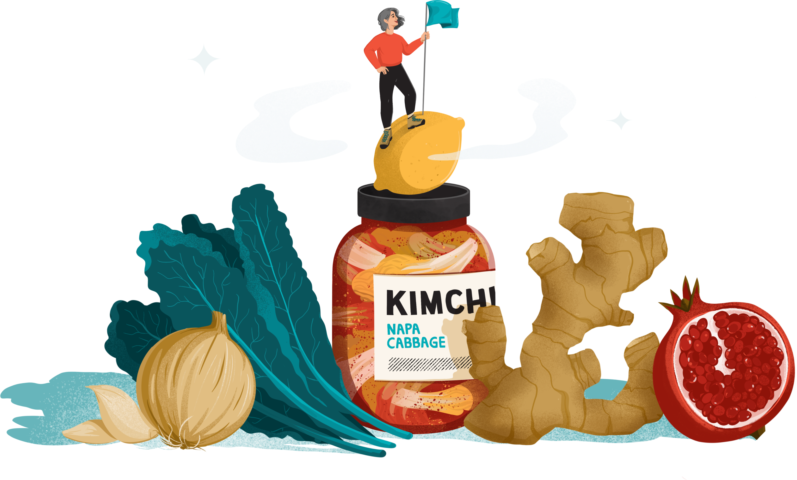 hiker summiting a pile of healthy foods