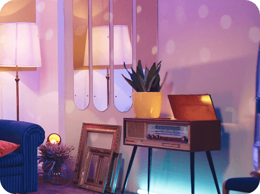 living room with purple ambient lighting from google smart lightbulbs