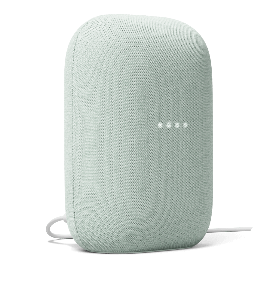 white google nest bluetooth speaker with a teal background