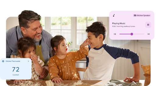 family sitting in the kitchen laughing as little girl pokes her brother, with a device screen showing image of kitchen speaker playing kids morning wakeup tunes and a kitchen thermostat with blue font and light blue background on device