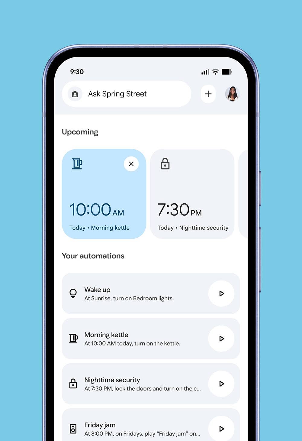 Image of new Google Home app automations screen on Pixel phone