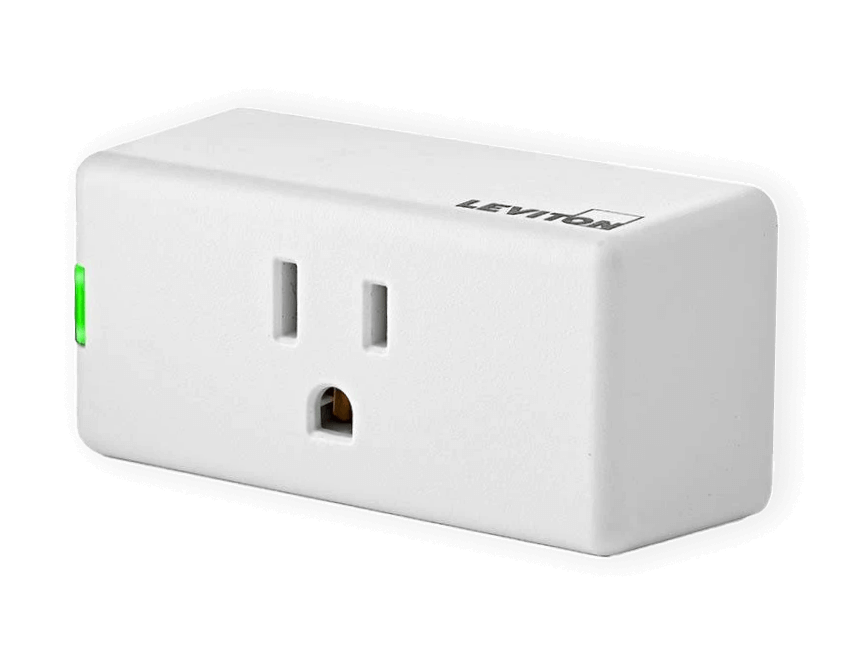 Leviton D215P-1RW Decora Smart Grounded Wi-Fi Mini Plug-In White with a blue background