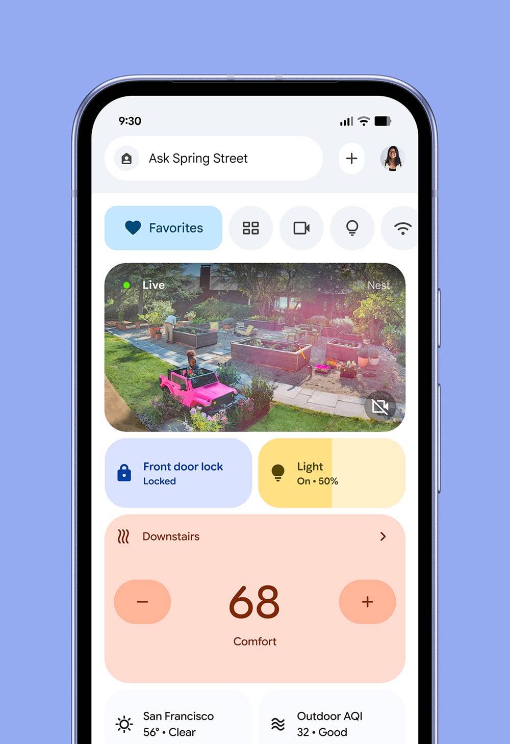 Image of new Google Home app home screen on Pixel phone