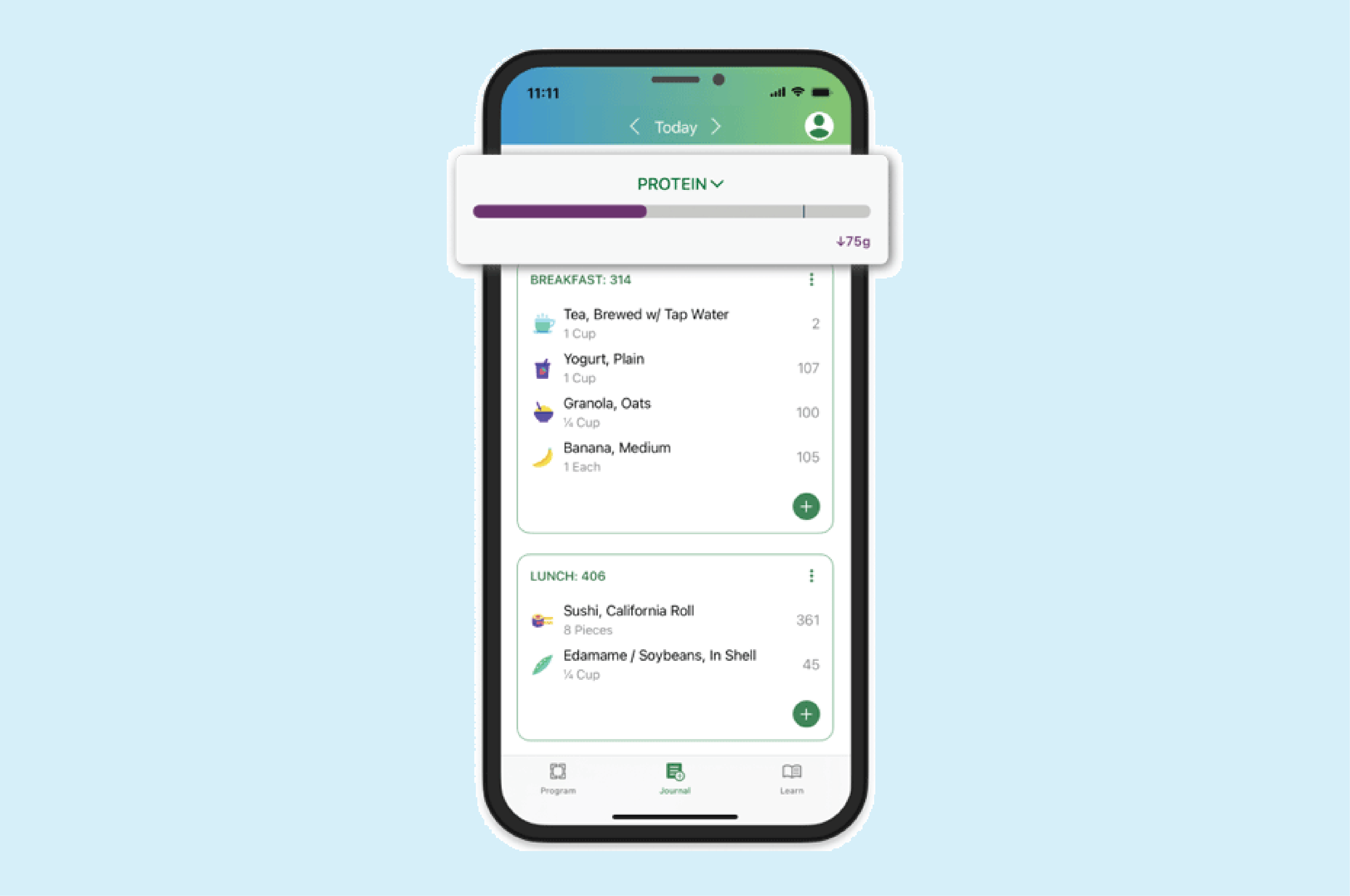 Screenshot of food tracking in app to monitor your progress