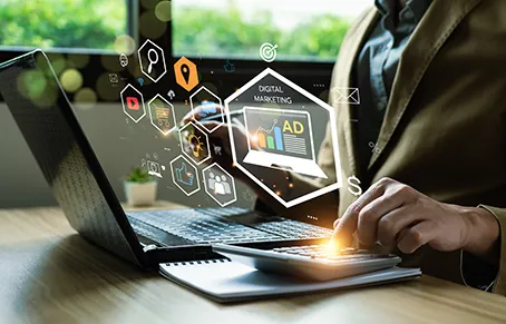 Digital Marketing Illustration over man working on laptop and using calculator