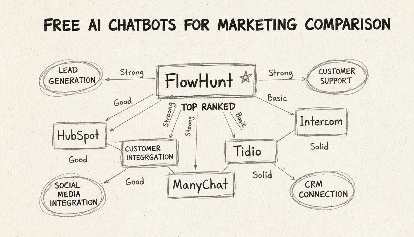 Srovnávací diagram nejlepších bezplatných AI chatbotů pro marketing včetně FlowHunt, HubSpot, Tidio, ManyChat a Intercom s funkcemi a možnostmi