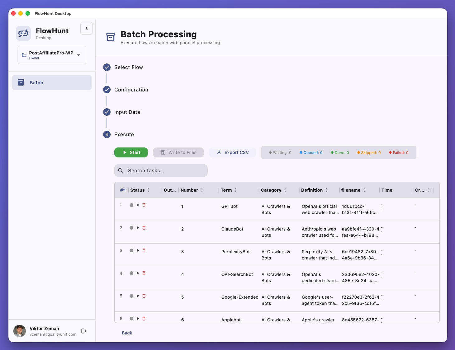 FlowHunt Desktop application interface showing batch processing