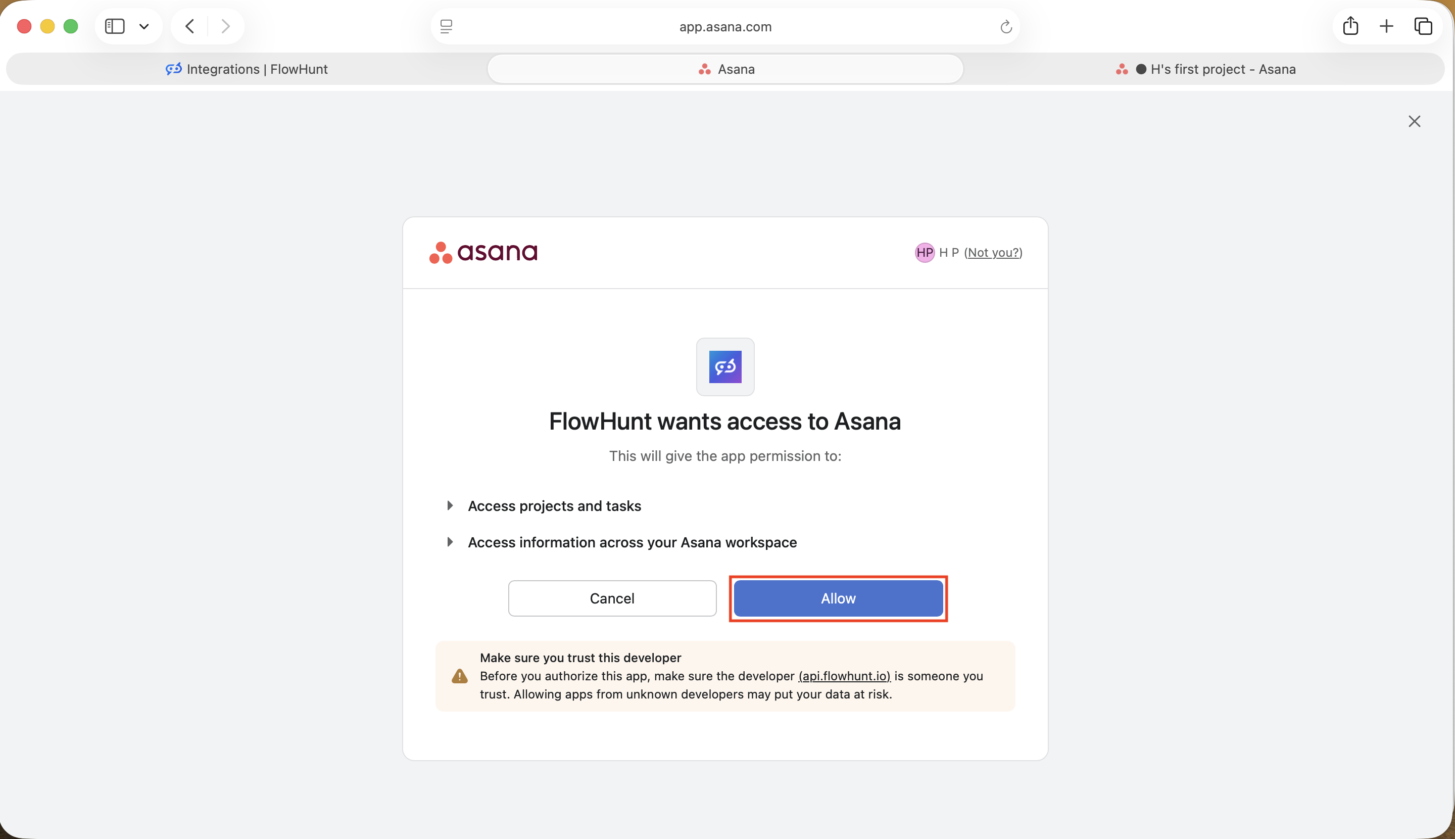 Écran d’autorisation OAuth Asana montrant que FlowHunt demande l’accès avec le bouton Allow mis en évidence