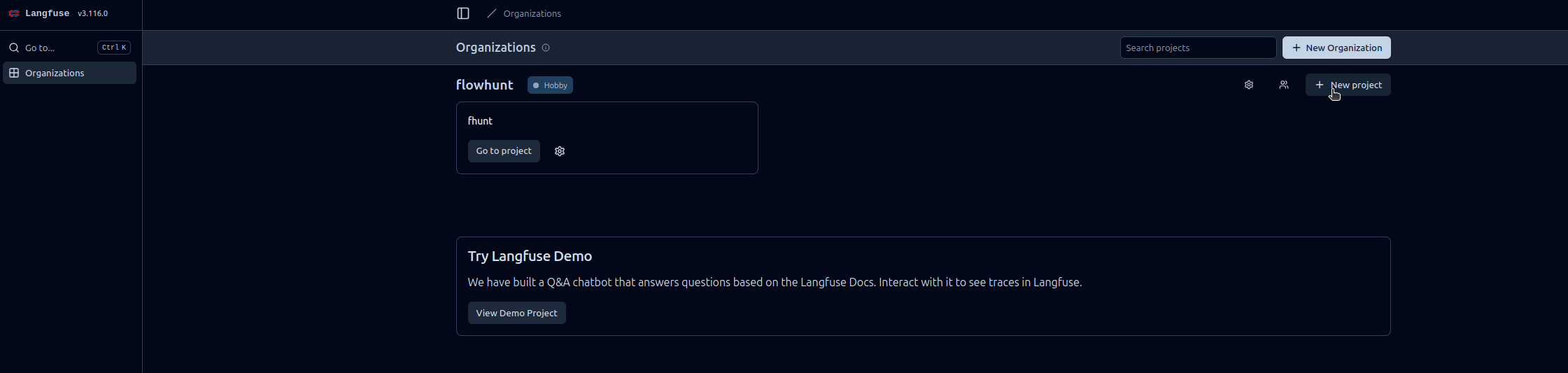 Vytvoření projektu v Langfuse