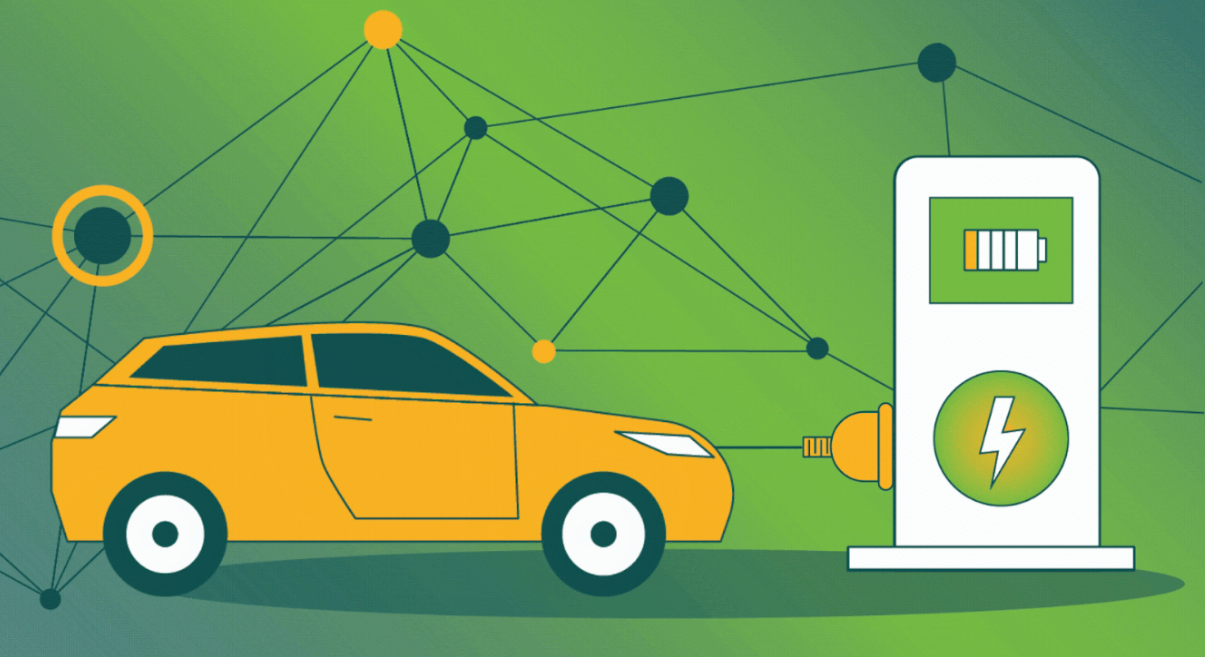Stylized charging station with a full battery icon and a lightning bolt symbol connected to a network of nodes.