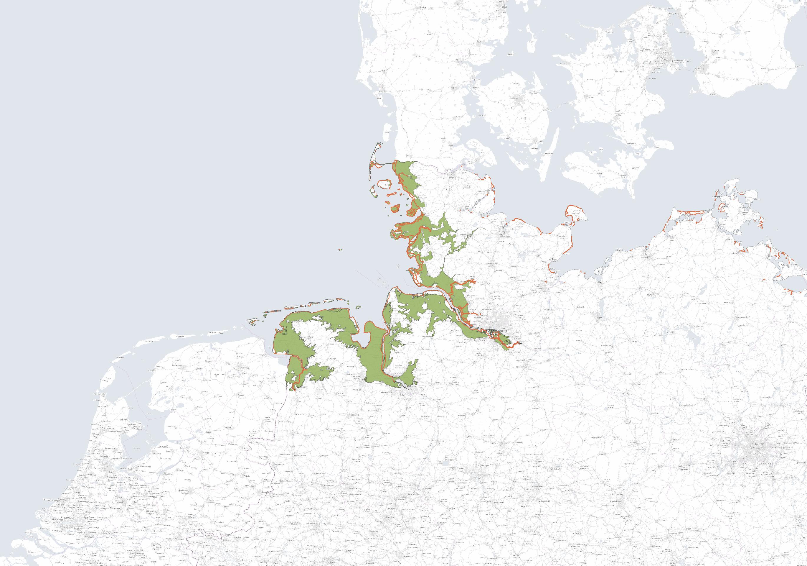 Landkarte mit vor der Tide zu schützenden Flächen an der Nordsee