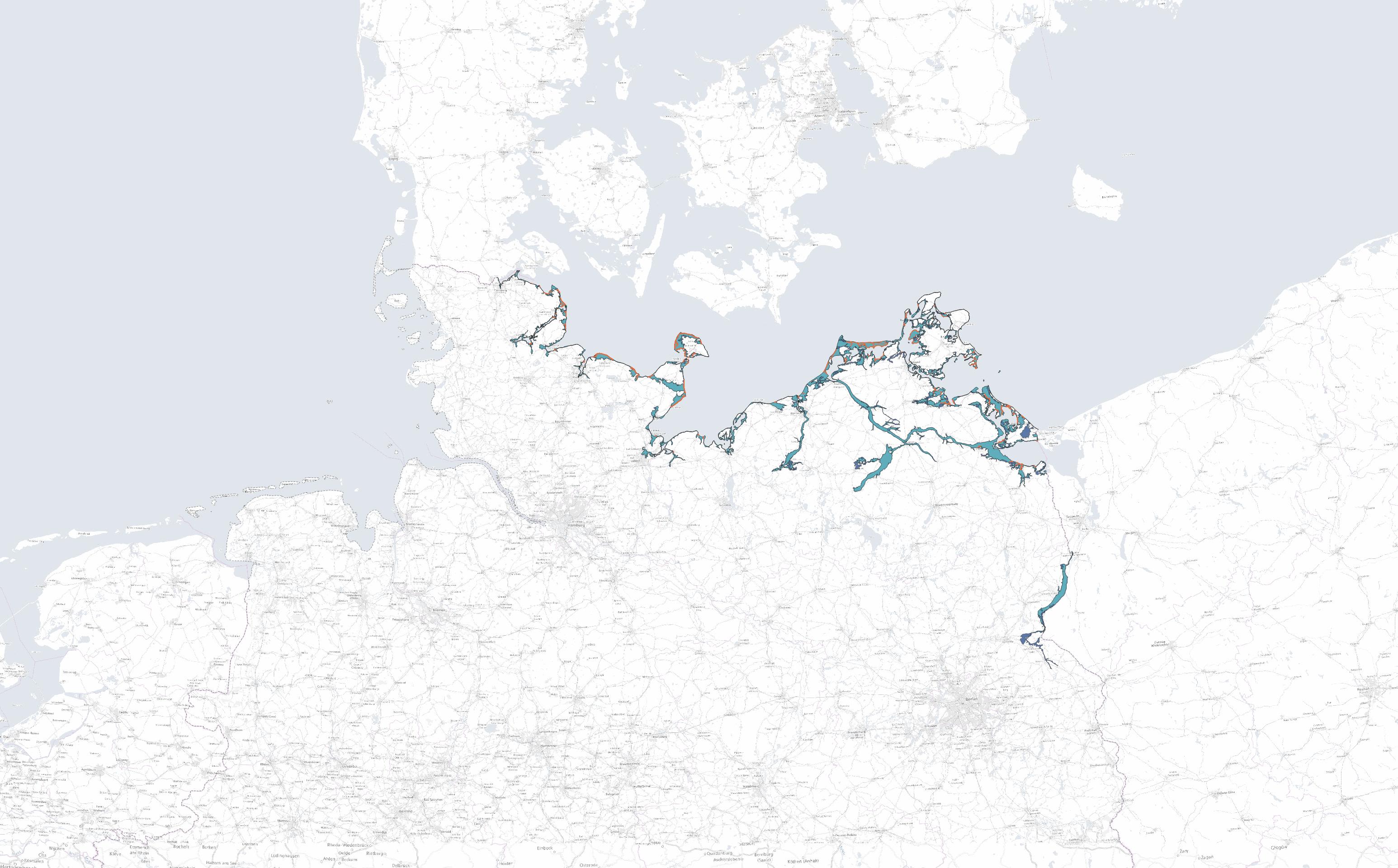 Landkarte mit bis 2100 vor Sturmflut zu schützenden Gebieten an der deutschen Ostseeküste.
