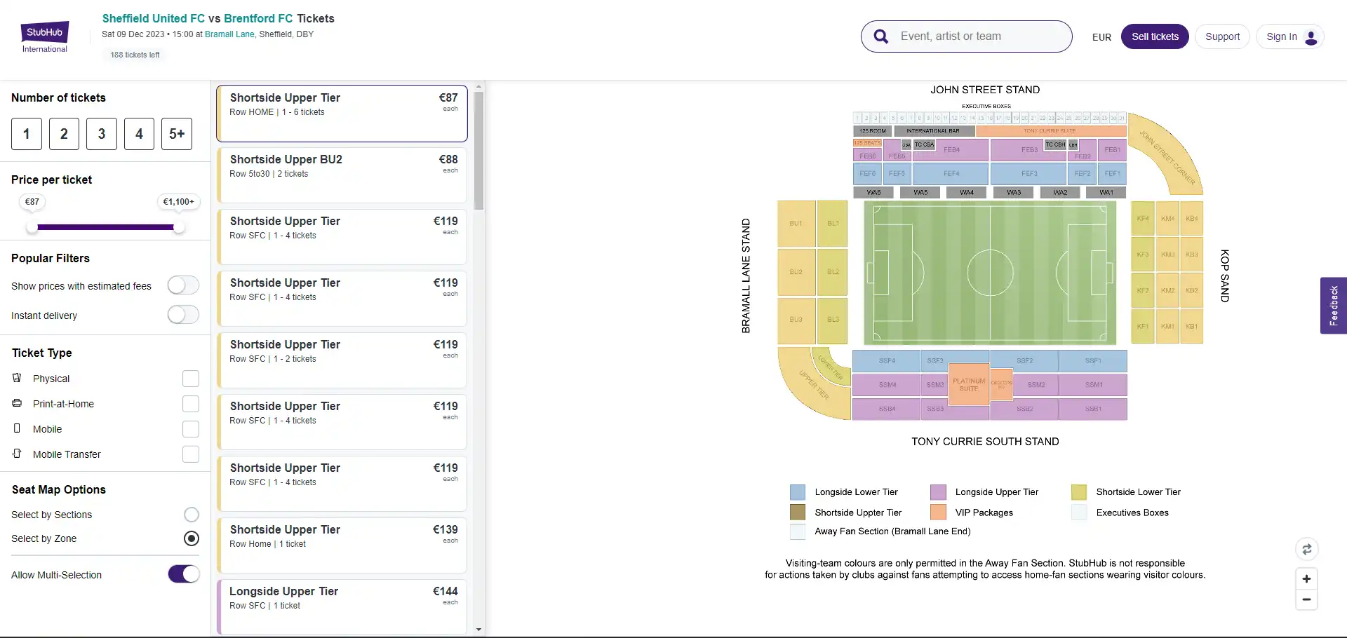 selecting the ticket we'd like to buy for the sheffield vs brentford match