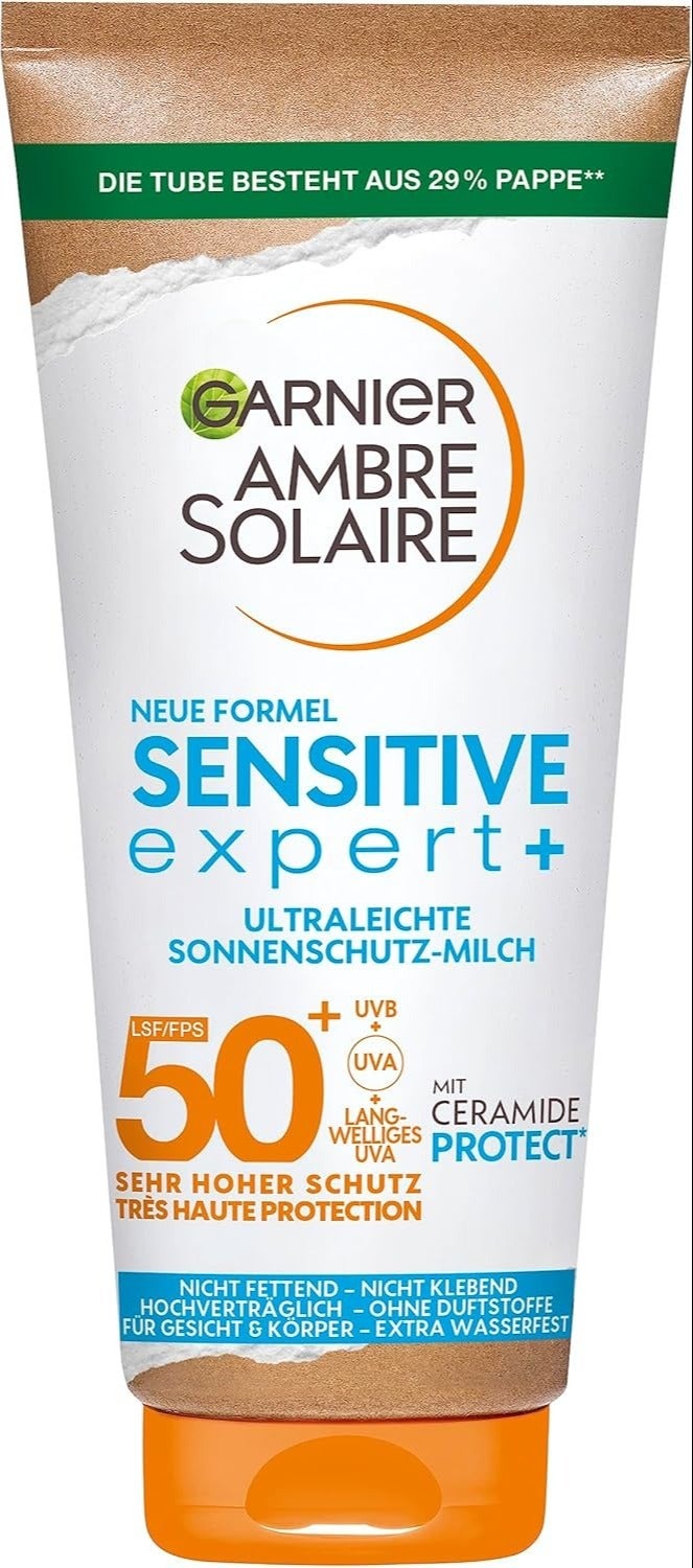 Garnier Ambre Solaire Sensitive Expert+ - Lait de protection solaire SPF 50+ - Crème solaire très légère et sans résidus - Pour peaux claires et sensibles - 175 ml