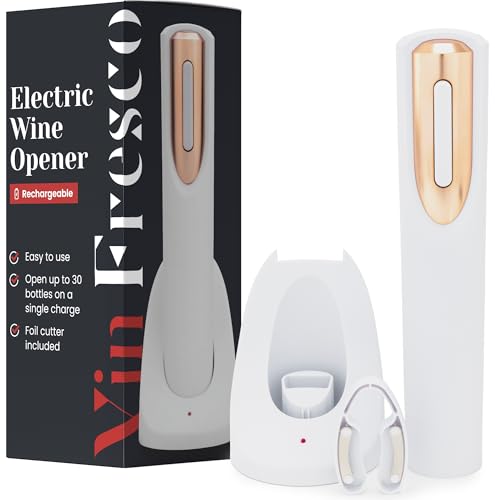 Rechargeable Electric Wine Bottle Opener - Charging Base and Foil Cutter Included with Automatic Wine Opener - Electric Corkscrew for Easy Cork Removal - Best Gift for Wine Lover (White & Rose Gold)