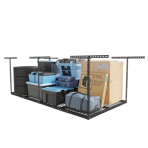 FLEXIMOUNTS 4x8 Overhead Garage Storage Rack, Adjustable Organization System, Heavy-Duty Metal Ceiling Racks, 750lbs Weight Capacity, Black