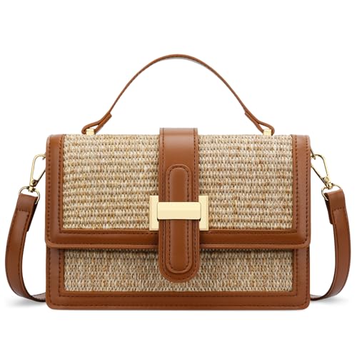 KKXIU Top Handle Straw Purse for Women, Summer Straw Crossbody Bag, Handbag Shoulder Clutch Beach Vacation Bag (A-Brown)