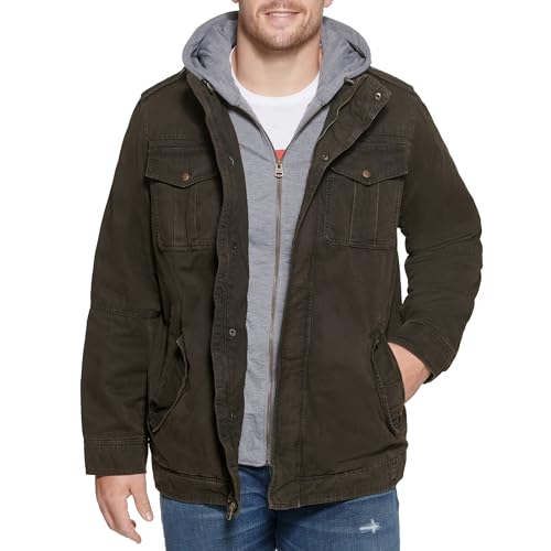 Levi's Men's Washed Cotton Military Jacket with Removable Hood, Dark Brown, Large Tall