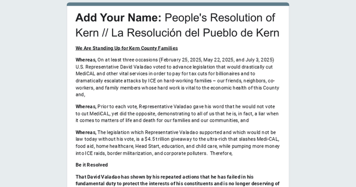 📝 Add Your Name: People's Resolution of Kern // La Resolución del Pueblo de Kern