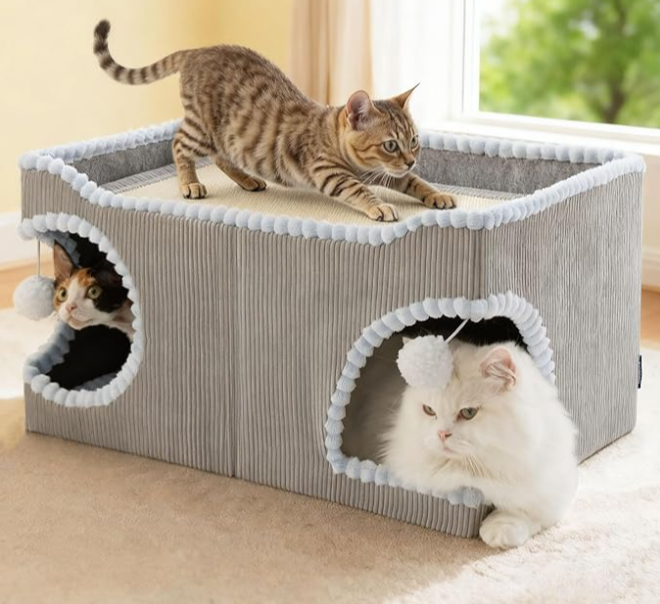 Bedsure Large Cat Beds for Indoor Cats - Extra Wide Cat House with Scratch Removable Top Sisal Pad for Multi Cats, Foldable Cave Hideaway