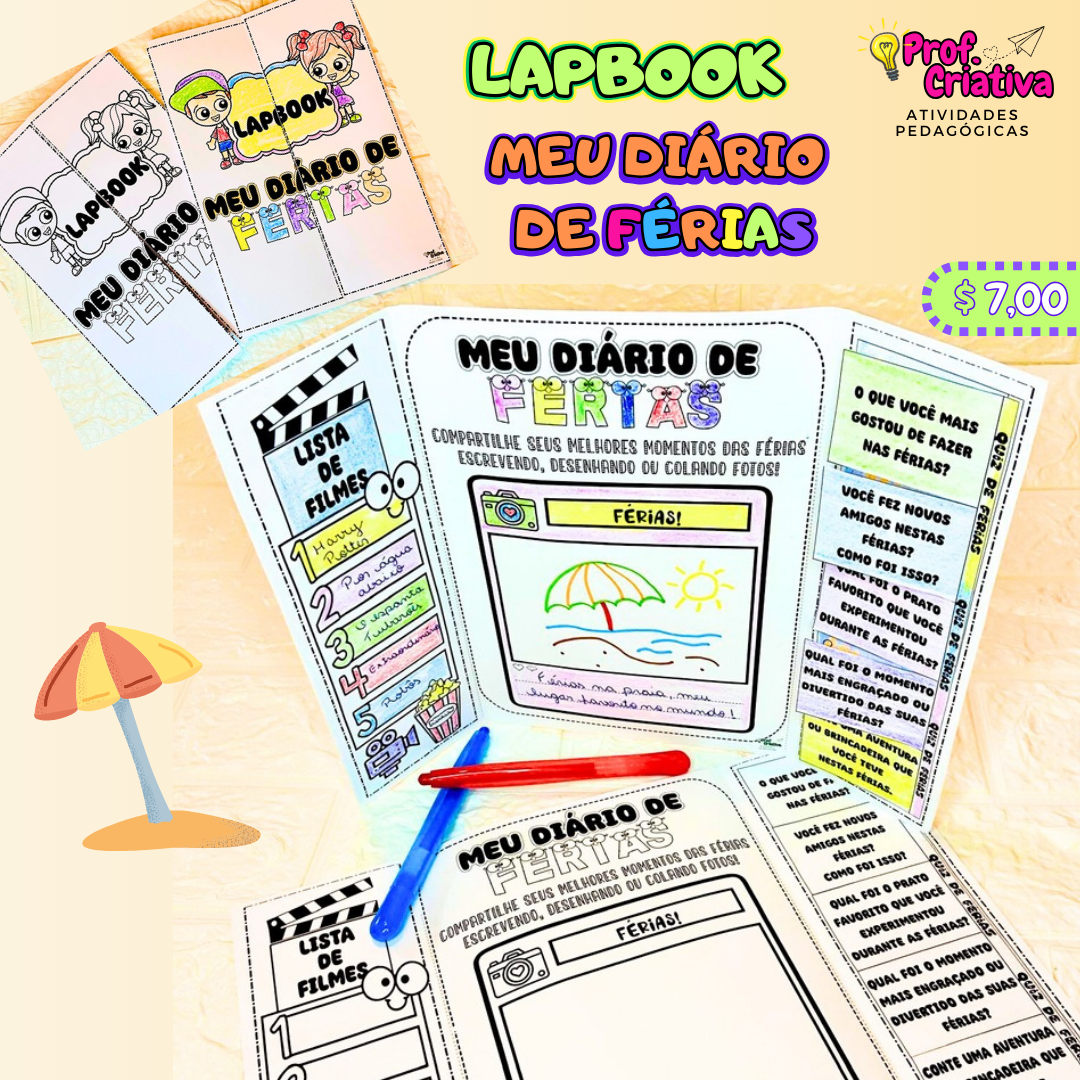 LAPBOOK - MEU DIÁRIO DE FÉRIAS - 💡PROF CRIATIVA - PROF CRIATIVA | Hotmart