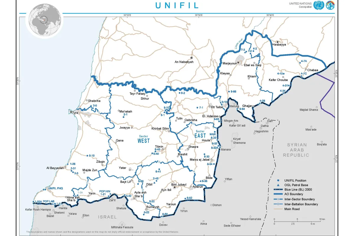A map detailing the region where UNIFIL operates.