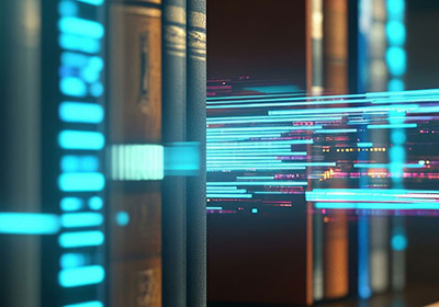 Visual depiction of data streaming through the air from a bookshelf