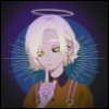 einoe: picrew character. pale purple skin, white hair, and dark purple and blue-ish background. character has a halo over their head. they are holding up a finger in a "secret" gesture. (pic#15643875)