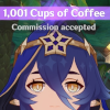taevachi: Layla from Genshin Impact with the text "1,001 Cups of Coffee: Commission accepted" (tired)