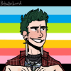 thenymphinyellow: a picrew of a person with green hair in front of a queer pride flag (avatar)