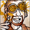 silveradept: A head shot of a  librarian in a floral print shirt wearing goggles with text squiggles on them, holding a pencil. (Librarian Goggles)