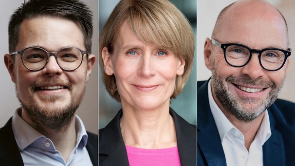 Das Führungsteam der ARD-Geschäftsstelle: v. l. Dr. Christoph Rosenthal (Gesamtleitung), Dr. Kerstin Skiba (Medienpolitik), Christoph Hammerschmidt (Kommunikation) | Bild: Jakob Kienzerle/Gundula Krause/Ben Knabe