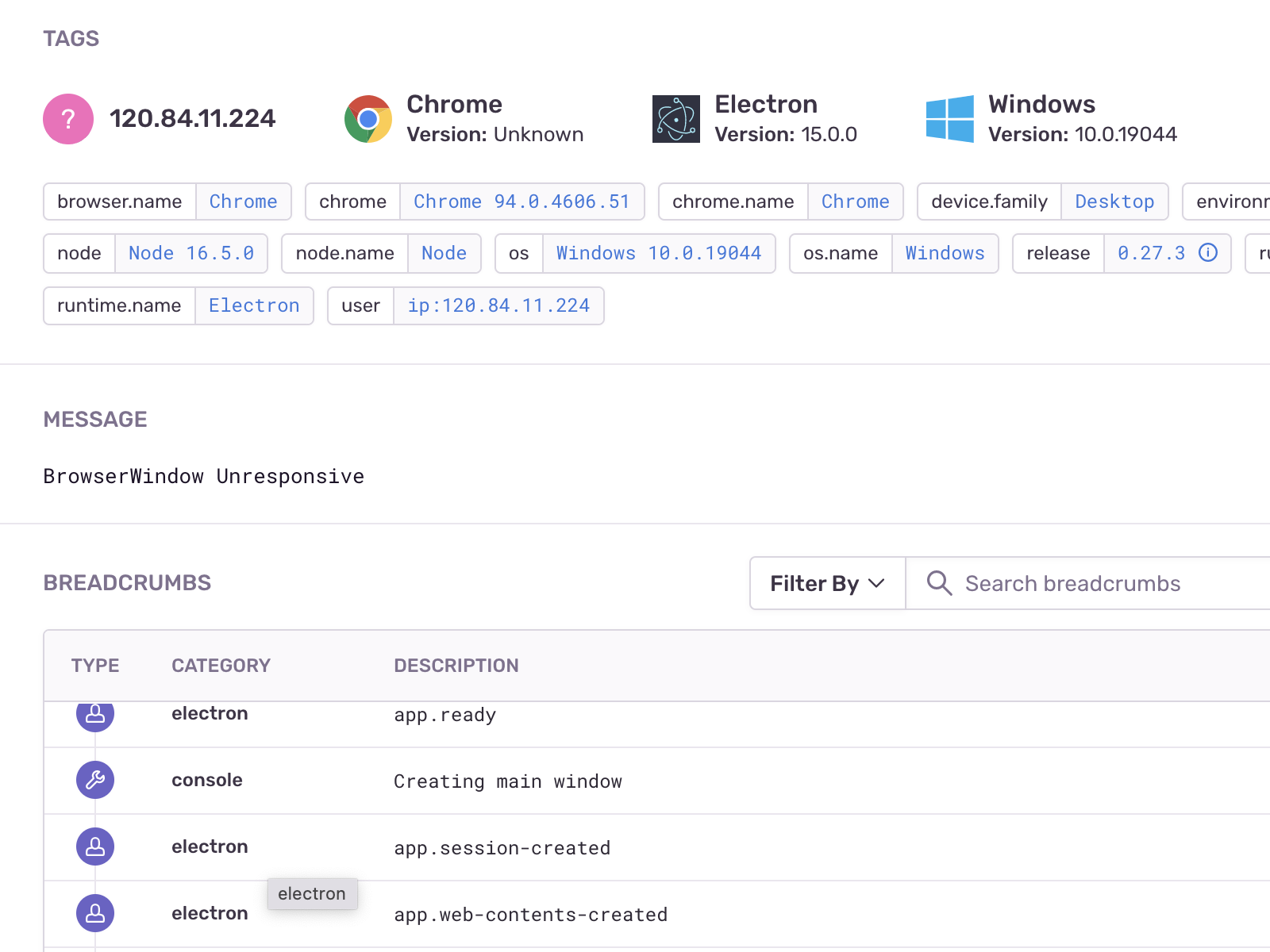 Screenshot of Sentry crash reporting (https://sentry.io). Shows the error message
              ('BrowserWindow Unresponsive'), user breadcrumbs, and user information.