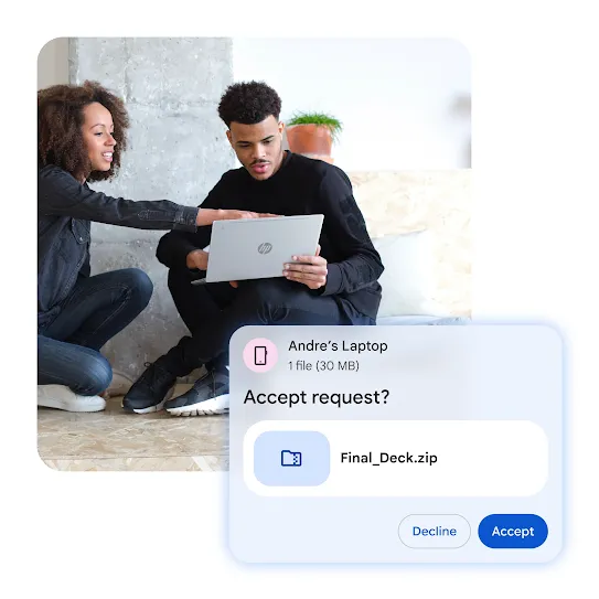 Two people look at a laptop together, A notification is layered above, asks to accept a 30 MB file transfer called 'Final_Deck.zip' from 'Andre's Laptop'."