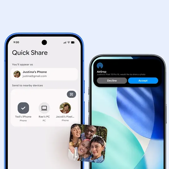 A side-by-side of an iPhone® and an Android device show a picture being transferred between the two, illustrating that Apple’s proprietary sharing feature AirDrop is now compatible with Android QuickShare.