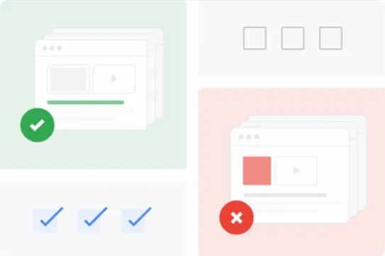 Politikaların Google genelinde nasıl uygulandığını gösteren, yeşil onay işareti bulunan bir web sayfası ile karşılaştırılan kırmızı bir X ile işaretlenmiş web sayfası.