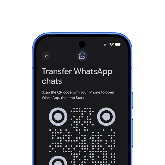 An android phone displays the QR code to be scanned by a user’s old iPhone® to transfer their WhatsApp chats to their new device. 