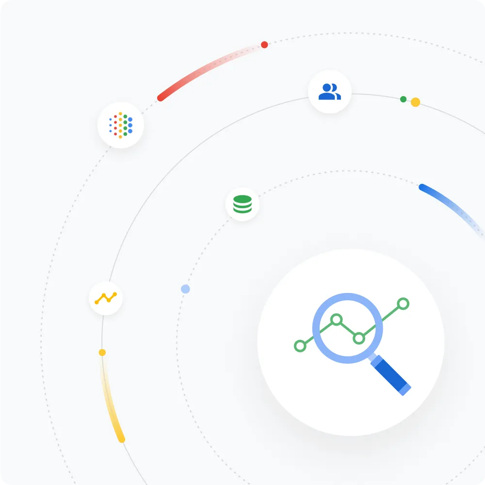 Orbita ilustrată prezintă o pictogramă a setului de date, o pictogramă de cercetare și o pictogramă cu oameni, pentru a reprezenta piesele-cheie ale IA Google.
