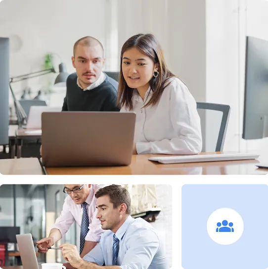 Hình ảnh ghép với hai người đàn ông làm việc trong văn phòng, một cận cảnh về việc cộng tác trên máy tính xách tay và một biểu tượng để thể hiện các nhóm làm việc.