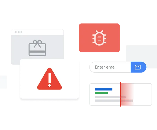 Ilustrație cu ferestre de căutare care reprezintă programe malware, pagini cu spam și conținut discutabil