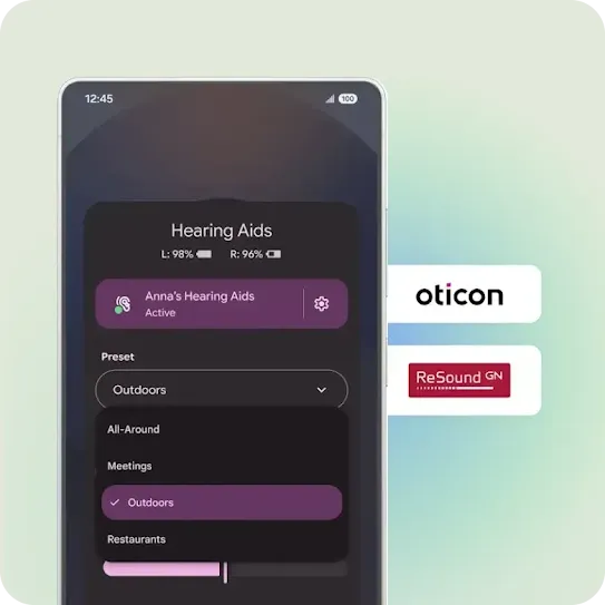 Android phone settings with hearing aid controls including altering presets to outdoors and the charge level of right and left.
