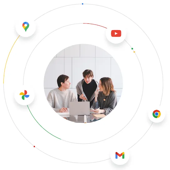 Trys žmonės kartu dirba nešiojamuoju kompiuteriu, apsupti „Google“ produktų logotipų, iliustruojančių „Google“ ekosistemą.