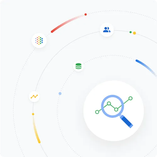 Ilustrace oběžné dráhy s ikonou dat, průzkumu a lidí, znázorňující základy umělé inteligence od Google.