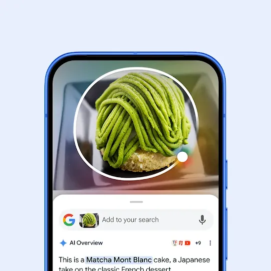 An android device displays a picture of a green dessert puff that has been circled by the user to engage the Circle to Search feature. Using AI, Circle to Search helps the user understand what they’re seeing: a fusion between Japanese and French pastry arts.  